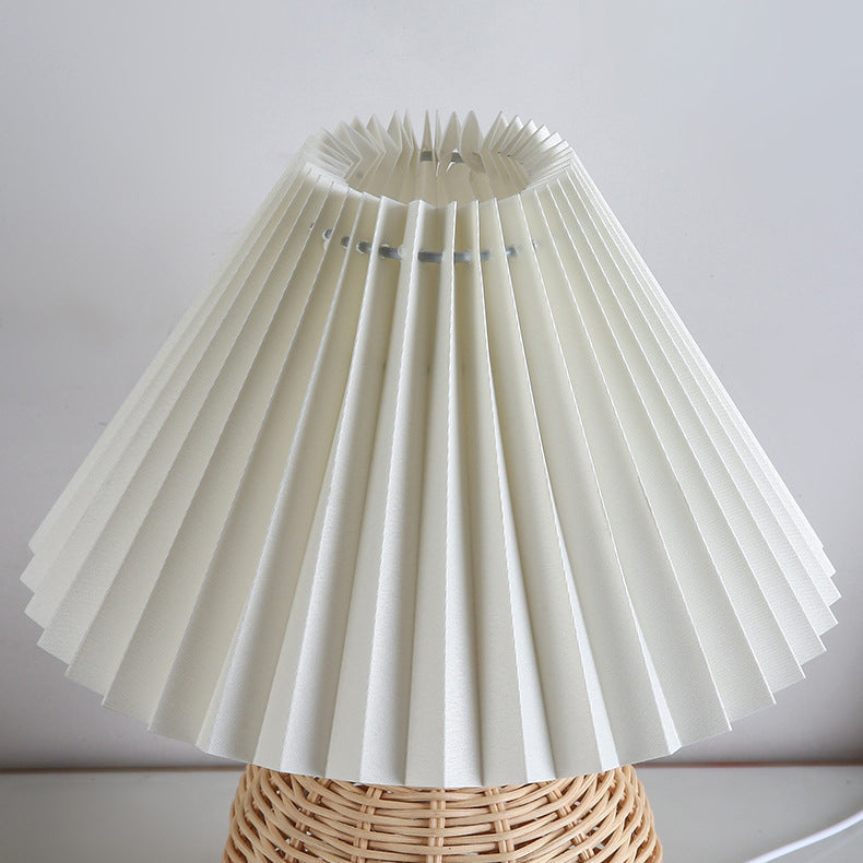 Contemporary Nordic Rattan Fabric Pleated Conic Ball LED Table Lamp Bedroom Decor Modern Lighting Elegant Home Accessories Stylish Bedroom Illumination Eco-Friendly Lighting Design Rustic Chic Table Lamp Warm White Glow Bedroom Aesthetic Sustainable Mater