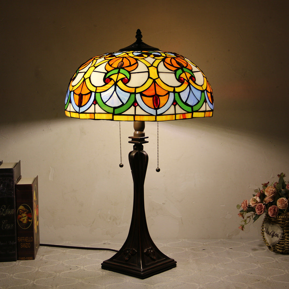 Tiffany Style Stained Glass 2-Light Cone Pull Cord Table Lamp for Bedroom