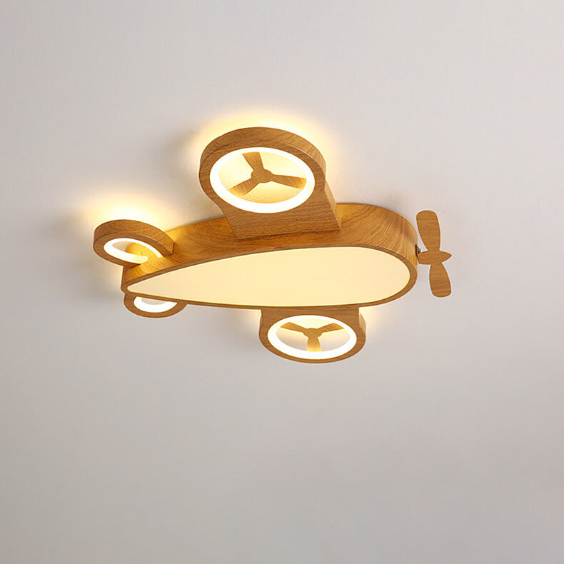 Cartoon Creative Wood Grain Aircraft LED Kids Flush Mount Ceiling Light Baby Nursery Room Decor Boys Girls Ceiling Lamp Kids Bedroom Lighting Childrens Sky Airplane Theme Light Fixtures