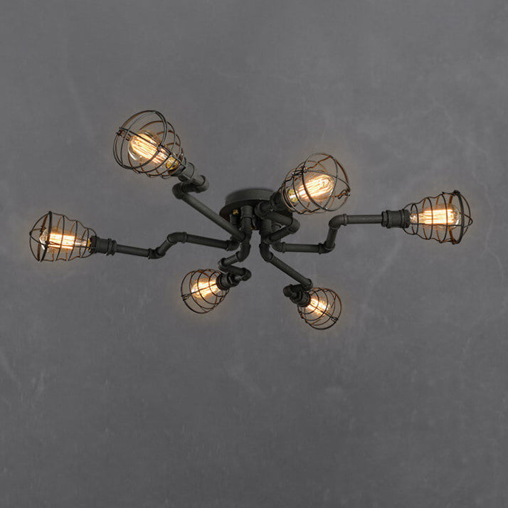 Industrial Vintage Water Pipe Flush Mount Light - 4/6/8 Light Round Iron Ceiling Fixture