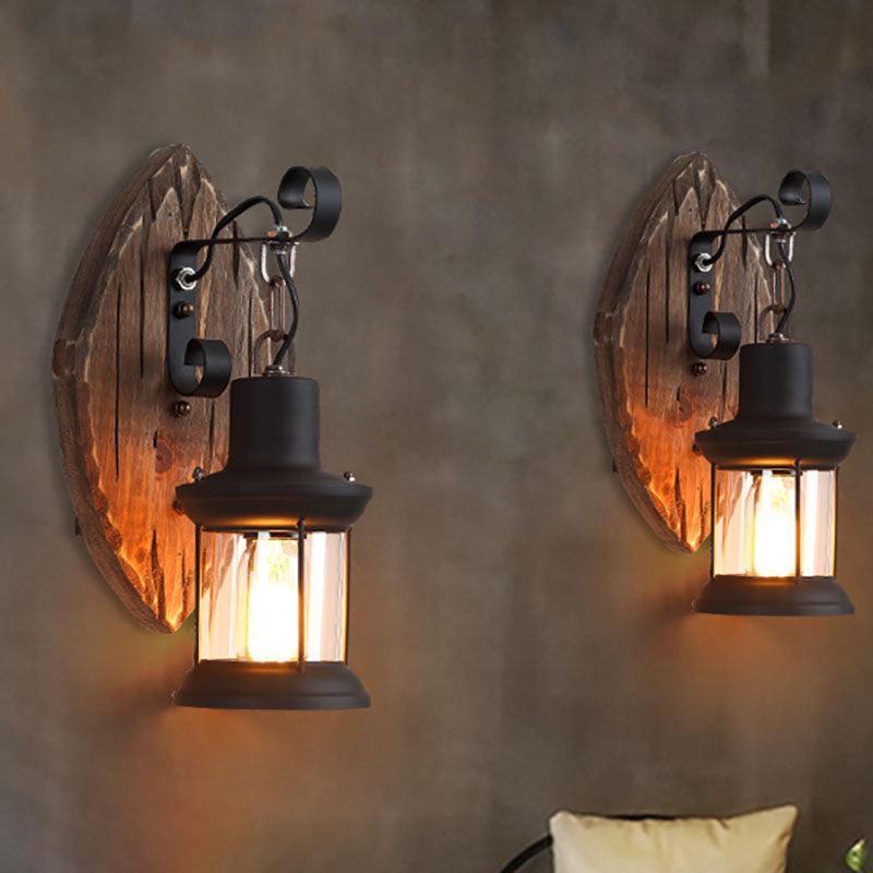 Traditional Farmhouse Wood Disc Wall Sconce - 1-Light Iron Shade Lamp for Dining Room