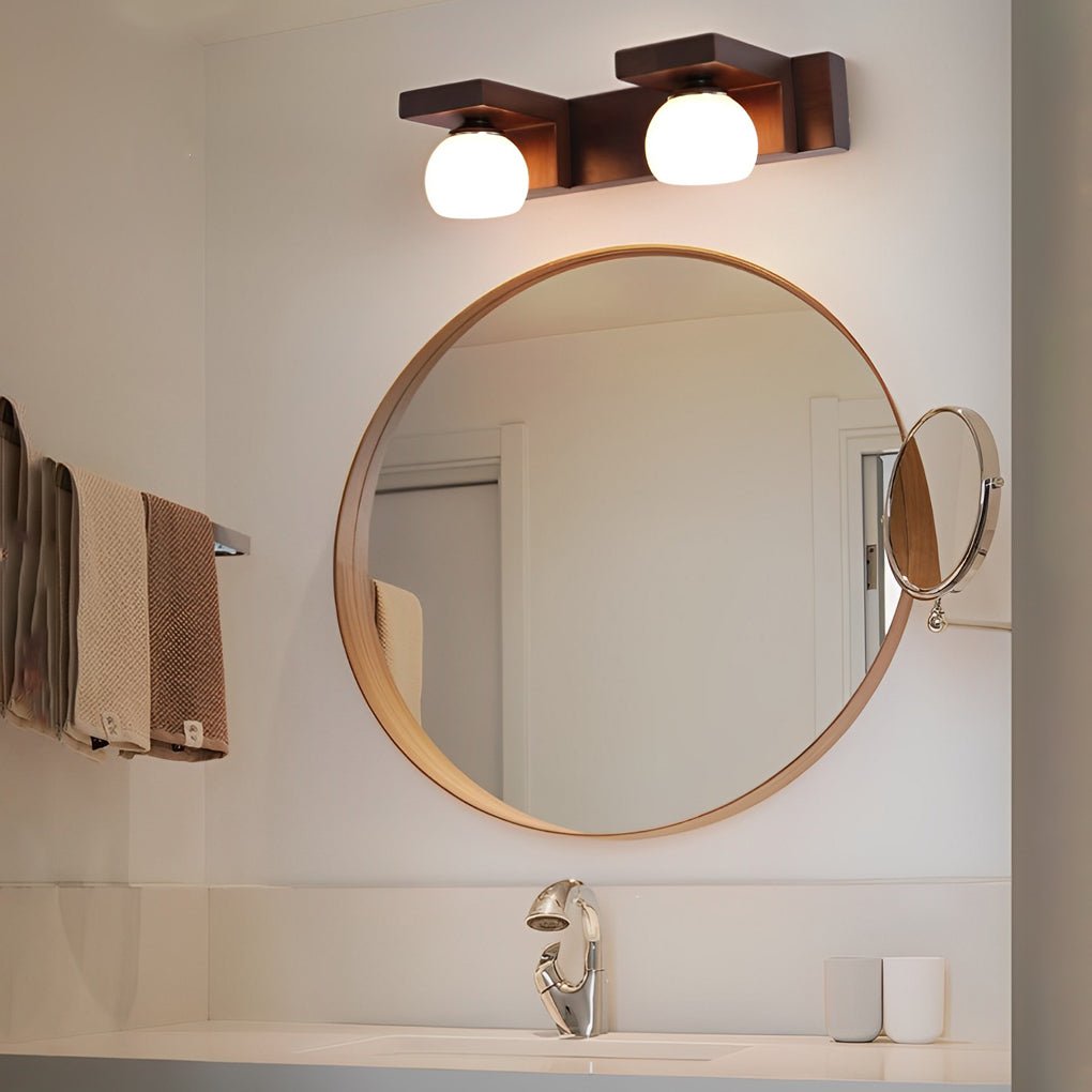 2/3-Light Wood Bathroom Vanity Light Fixture with Adjustable Iron Spotlights and Fixed Glass Shades, Modern Rustic Lighting for Home Decor, Stylish Wall Sconce for Vanity Lighting, Energy-Efficient LED Compatible, Easy Install Bathroom Lighting Solutions