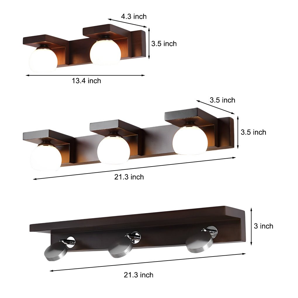 2/3-Light Wood Bathroom Vanity Light Fixture with Adjustable Iron Spotlights and Fixed Glass Shades, Modern Rustic Lighting for Home Decor, Stylish Wall Sconce for Vanity Lighting, Energy-Efficient LED Compatible, Easy Install Bathroom Lighting Solutions