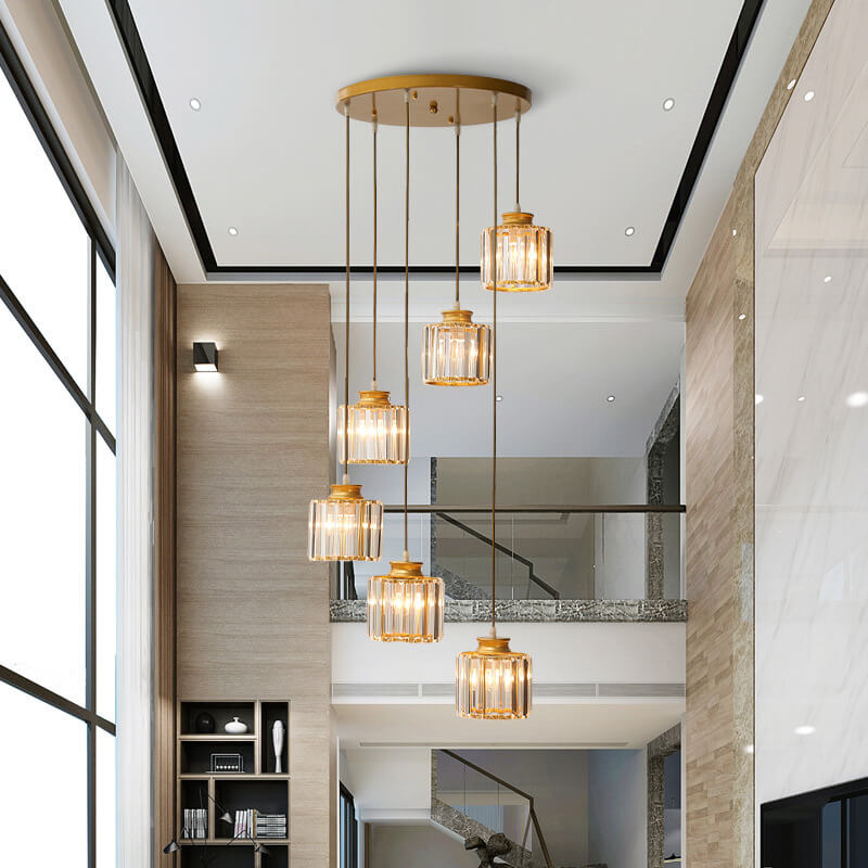 Modern Prismatic Crystal Cylinder 6-Light Stairway Chandelier