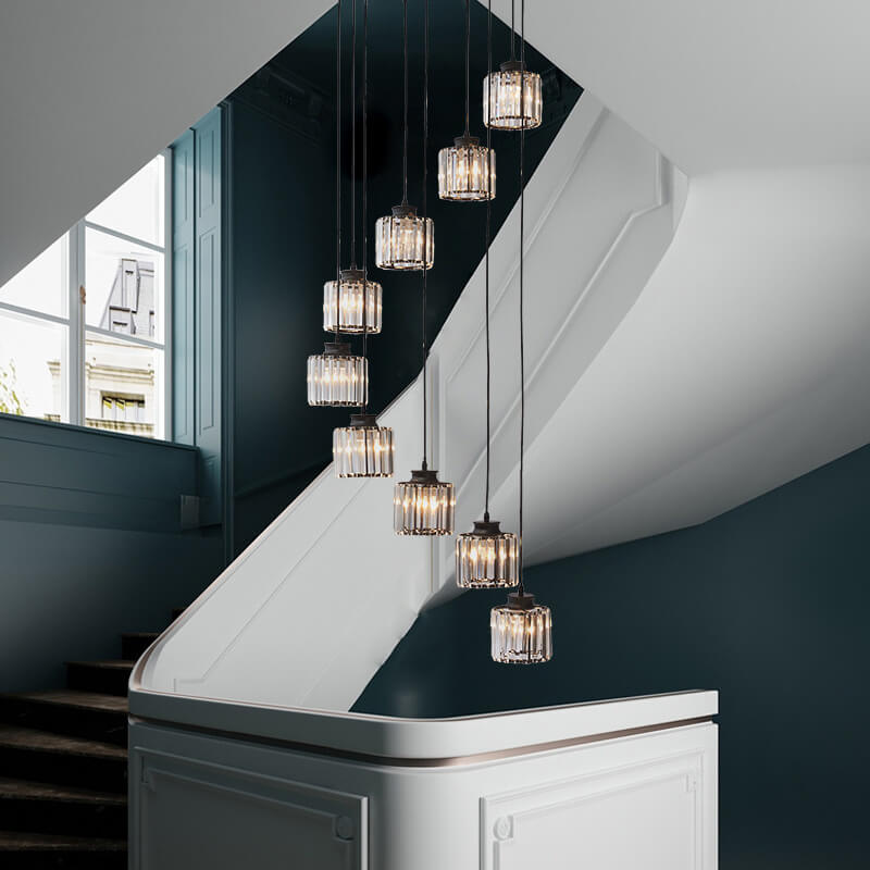 Modern Prismatic Crystal Cylinder 6-Light Stairway Chandelier