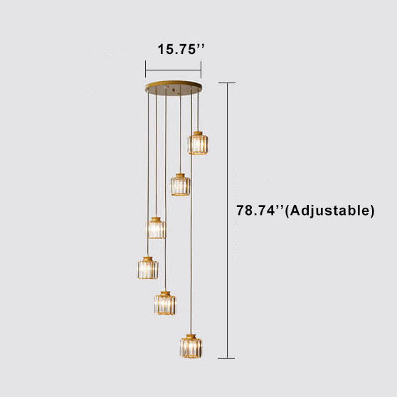 Modern Prismatic Crystal Cylinder 6-Light Stairway Chandelier