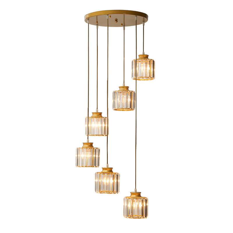 Modern Prismatic Crystal Cylinder 6-Light Stairway Chandelier