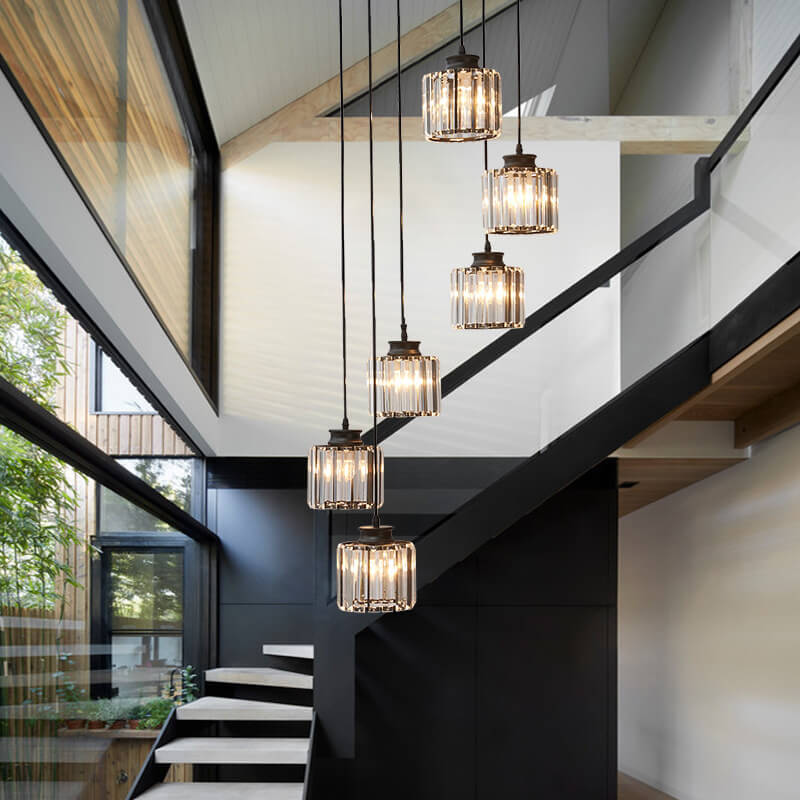 Modern Prismatic Crystal 6-Light Stairway Chandelier - Elegant Lighting for Stairs, Contemporary Design, Luxurious Home Decor, Crystal Fixtures, Stylish Illumination