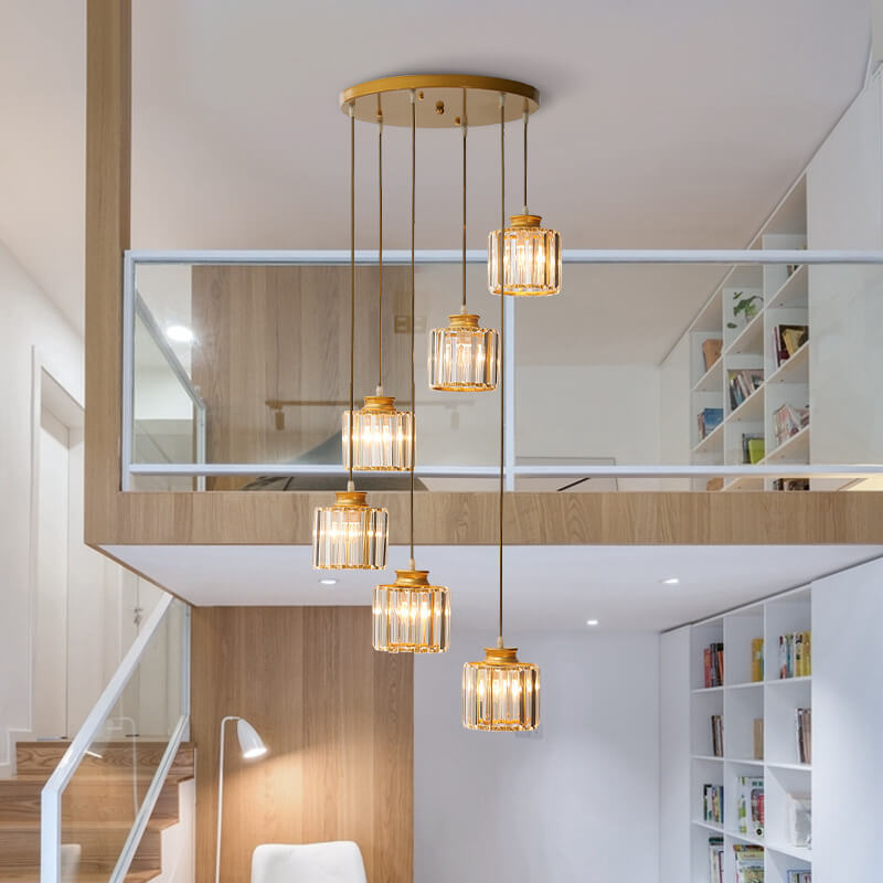 Modern Prismatic Crystal 6-Light Stairway Chandelier - Elegant Lighting for Stairs, Contemporary Design, Luxurious Home Decor, Crystal Fixtures, Stylish Illumination