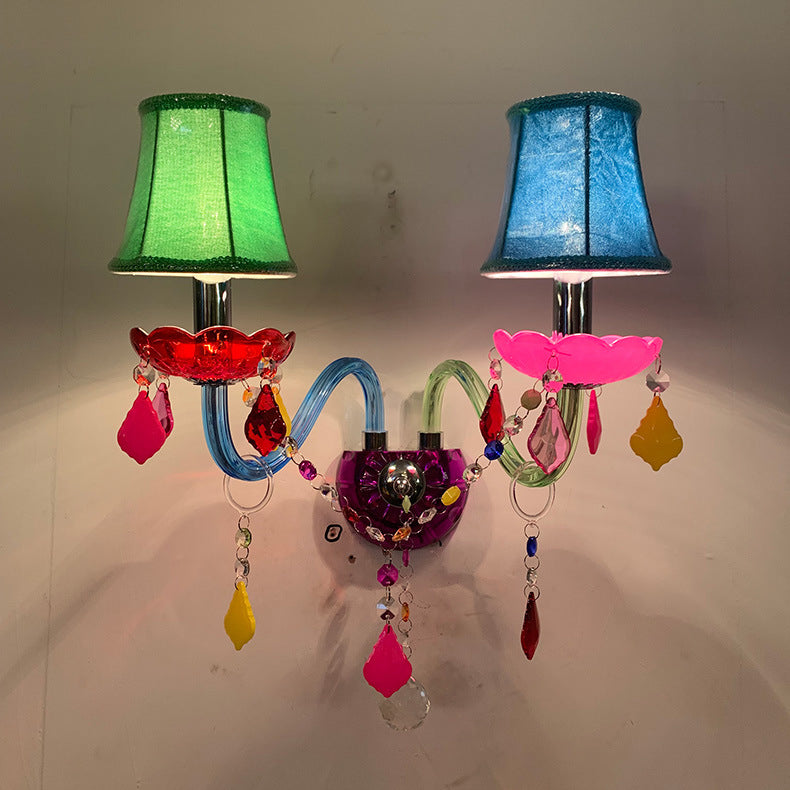 Traditional European Kids Glass Crystal Metal Fabric Candlestick Holder Flower 2-Light Wall Sconce Lamp for Bedside Bedroom Decor Lighting Fixture, Elegant Home Accent, Children's Room Illumination, Vintage Style, Decorative Wall Light, Nursery Wall Decor