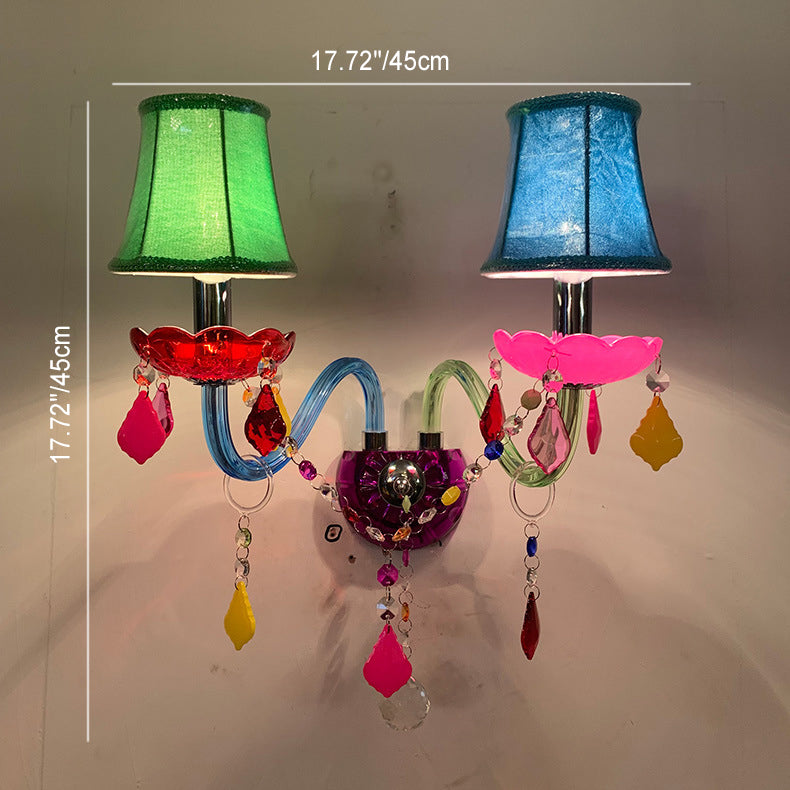 Traditional European Kids Glass Crystal Metal Fabric Candlestick Holder Flower 2-Light Wall Sconce Lamp for Bedside Bedroom Decor Lighting Fixture, Elegant Home Accent, Children's Room Illumination, Vintage Style, Decorative Wall Light, Nursery Wall Decor