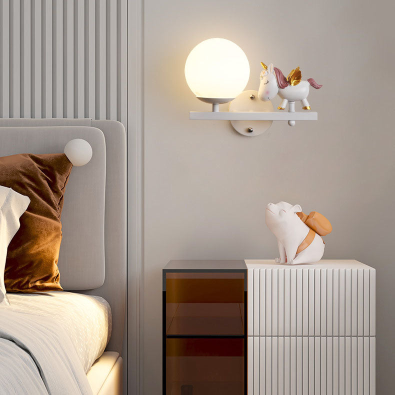 Contemporary Girls Unicorn Orb Resin Iron Glass 1-Light Wall Sconce Lamp for Bedroom Home Decor Fantasy Lighting, Kids Room Unicorn Decor, Unique Wall Light Fixture, Playful Nursery Illumination, Magical Bedroom Accessories