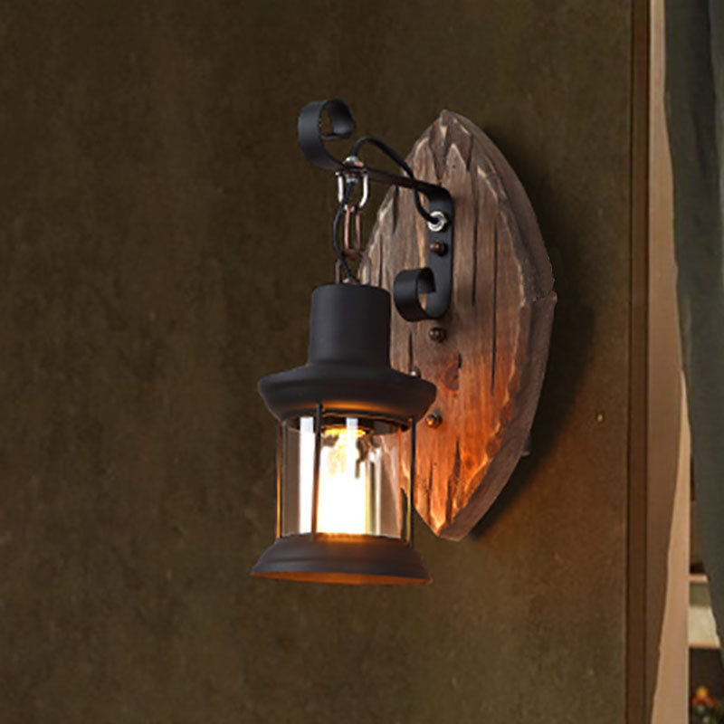 Traditional Farmhouse Wood Disc Wall Sconce - 1-Light Iron Shade Lamp for Dining Room
