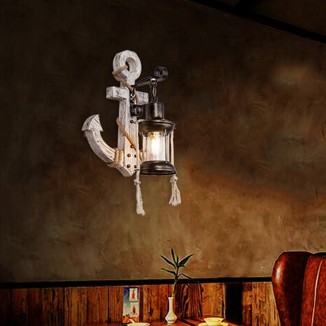 Industrial Vintage Boat Anchor Wooden Wall Sconce Lamp - 1-Light Decor Fixture
