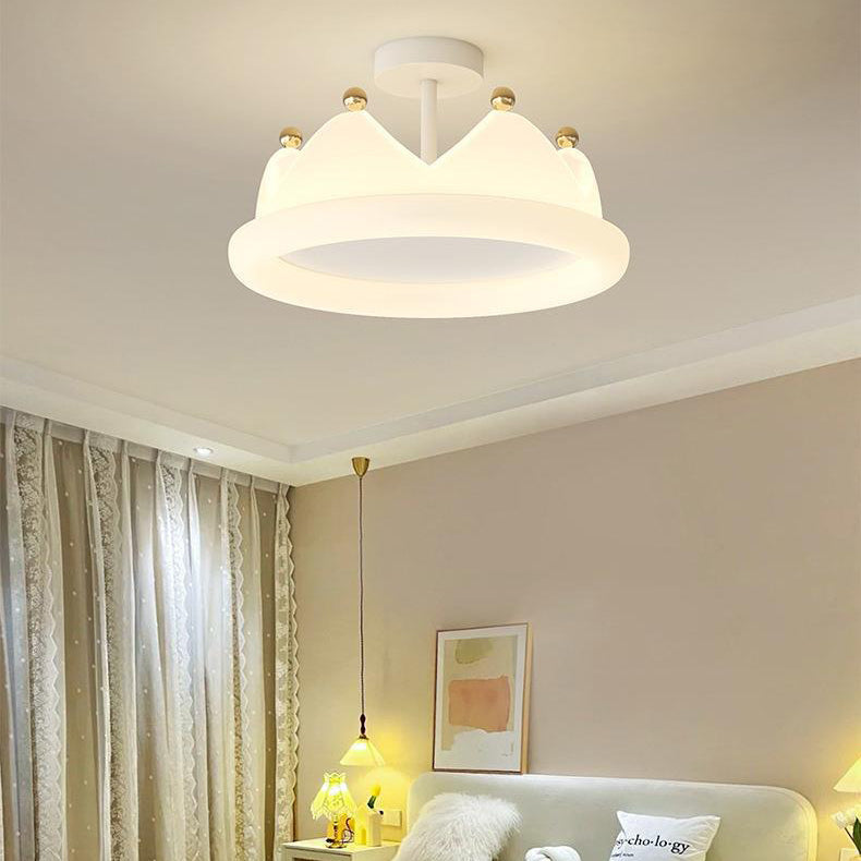 Contemporary Kids Crown Iron PE LED Semi-Flush Mount Ceiling Light Bedroom Lighting Fixture Modern Nursery Decor Creative Design Childrens Room Illumination Stylish Playroom Ceiling Lamp