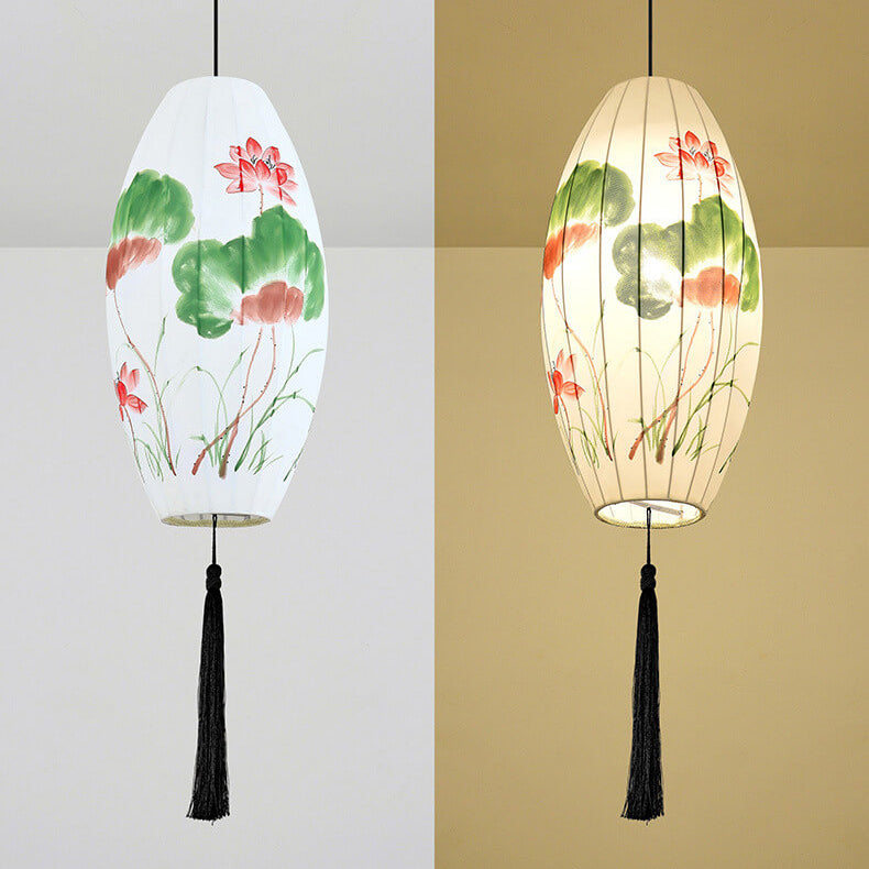 Oriental Antique Handmade Oval Lantern Pendant Light - 1-Light Fabric Fixture