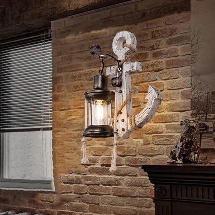Industrial Vintage Boat Anchor Wooden Wall Sconce Lamp - 1-Light Decor Fixture