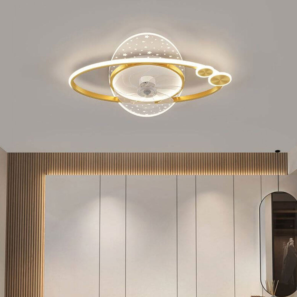 Modern Creative Planet Star Effect LED Flush Mount Ceiling Fan Light, Contemporary Indoor Lighting Fixture, Energy-Efficient Ceiling Fan with Light, Stylish LED Ceiling Fan for Home Decor, Whisper Quiet Ceiling Fan with Remote Control, Unique Star Pattern