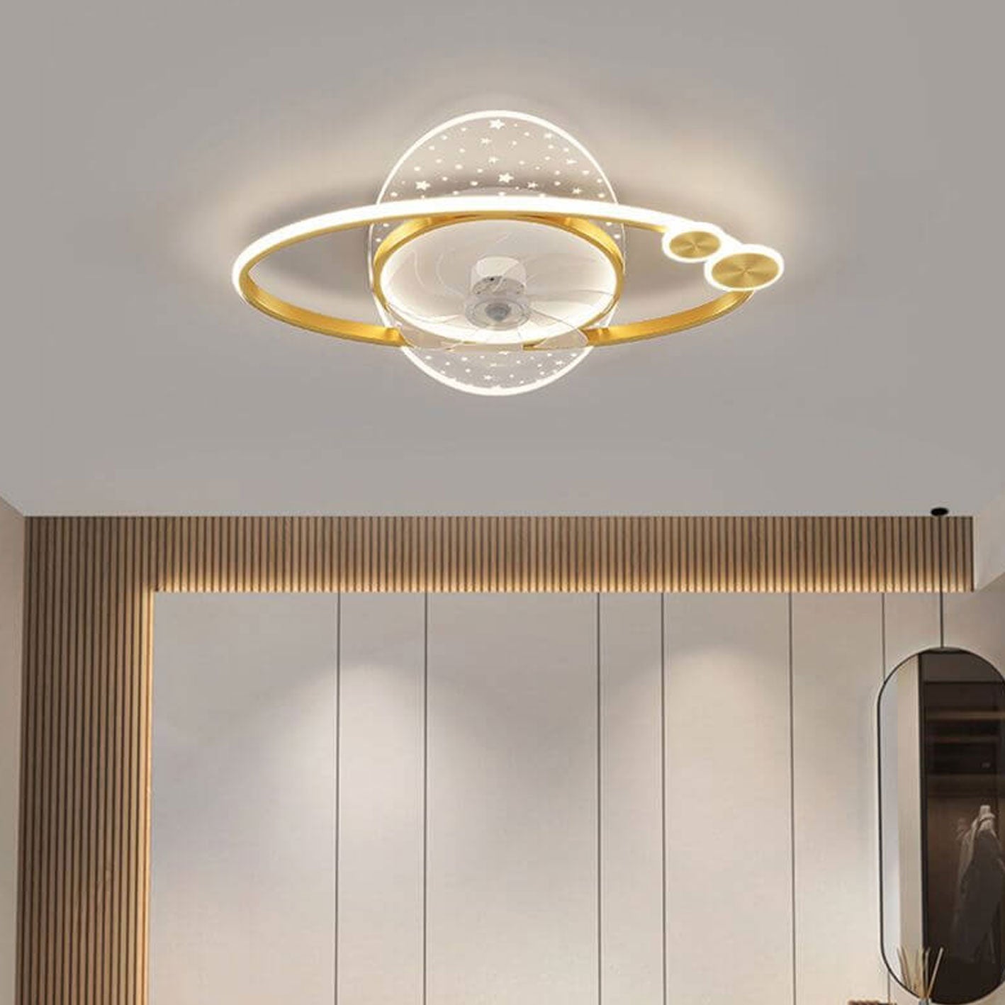 Modern Creative Planet Star Effect LED Flush Mount Ceiling Fan Light, Contemporary Indoor Lighting Fixture, Energy-Efficient Ceiling Fan with Light, Stylish LED Ceiling Fan for Home Decor, Whisper Quiet Ceiling Fan with Remote Control, Unique Star Pattern