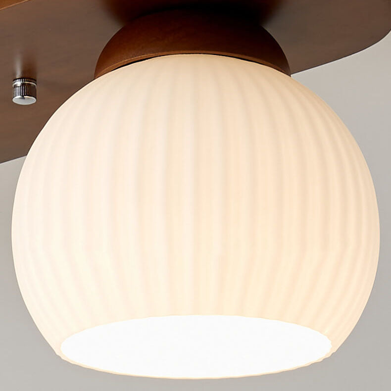 Traditional Japanese Striped Glass Wood Long Plate Flush Mount Ceiling Light