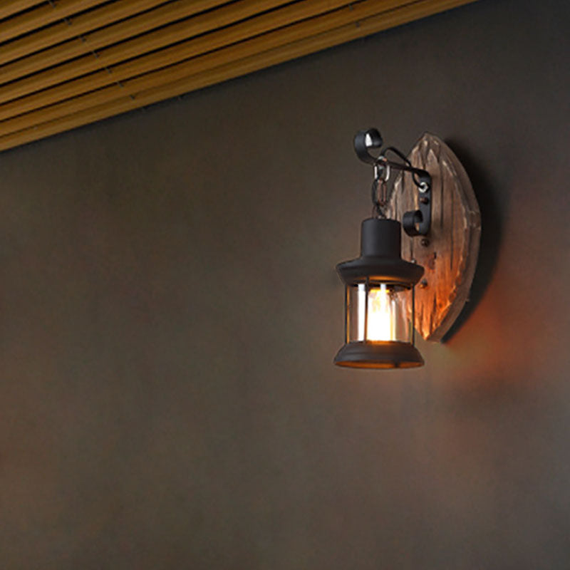 Traditional Farmhouse Wood Disc Wall Sconce - 1-Light Iron Shade Lamp for Dining Room
