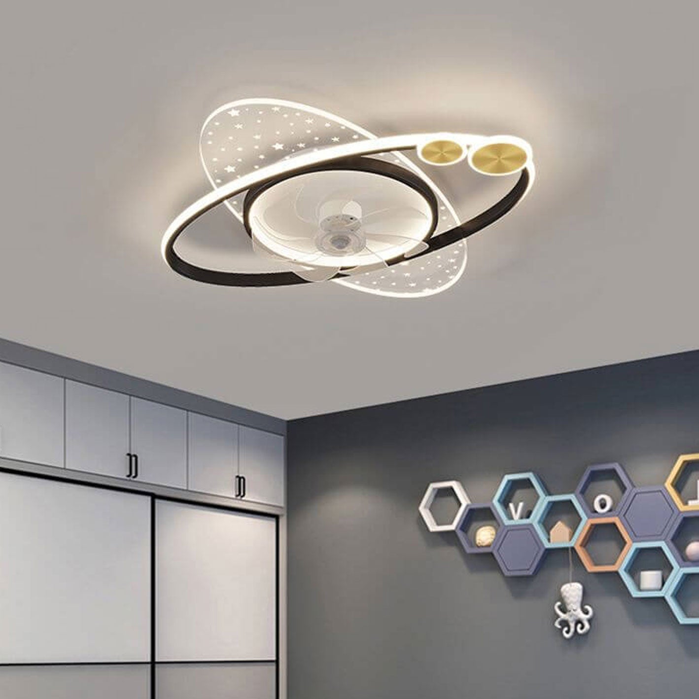 Modern LED Flush Mount Ceiling Fan Light - Creative Planet Star Effect Design, Energy Efficient, Stylish Home Lighting