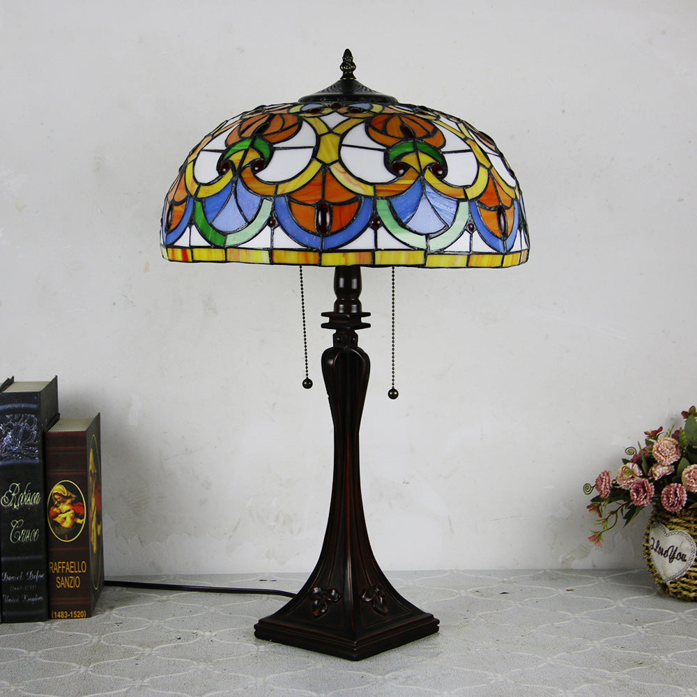 Tiffany Style Stained Glass 2-Light Cone Pull Cord Table Lamp for Bedroom