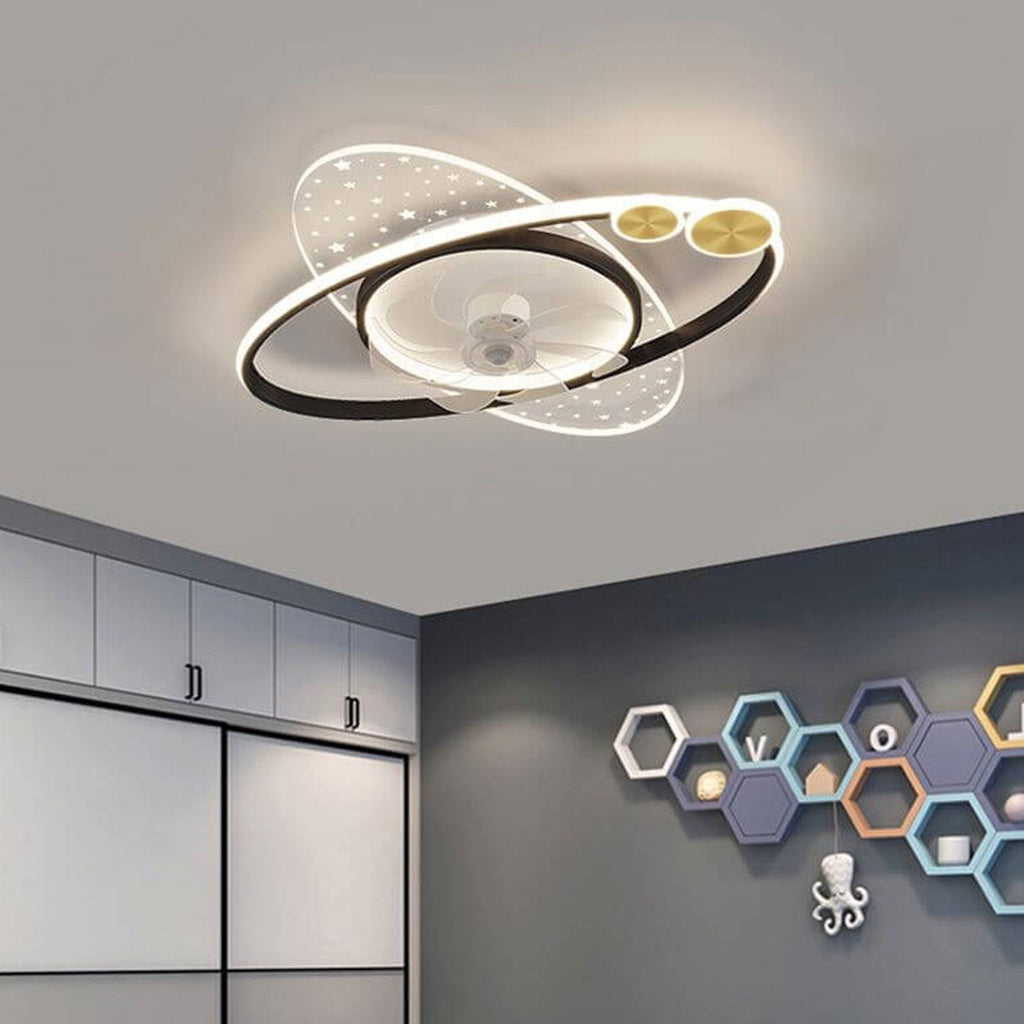Modern Creative Planet Star Effect LED Flush Mount Ceiling Fan Light, Contemporary Indoor Lighting Fixture, Energy-Efficient Ceiling Fan with Light, Stylish LED Ceiling Fan for Home Decor, Whisper Quiet Ceiling Fan with Remote Control, Unique Star Pattern
