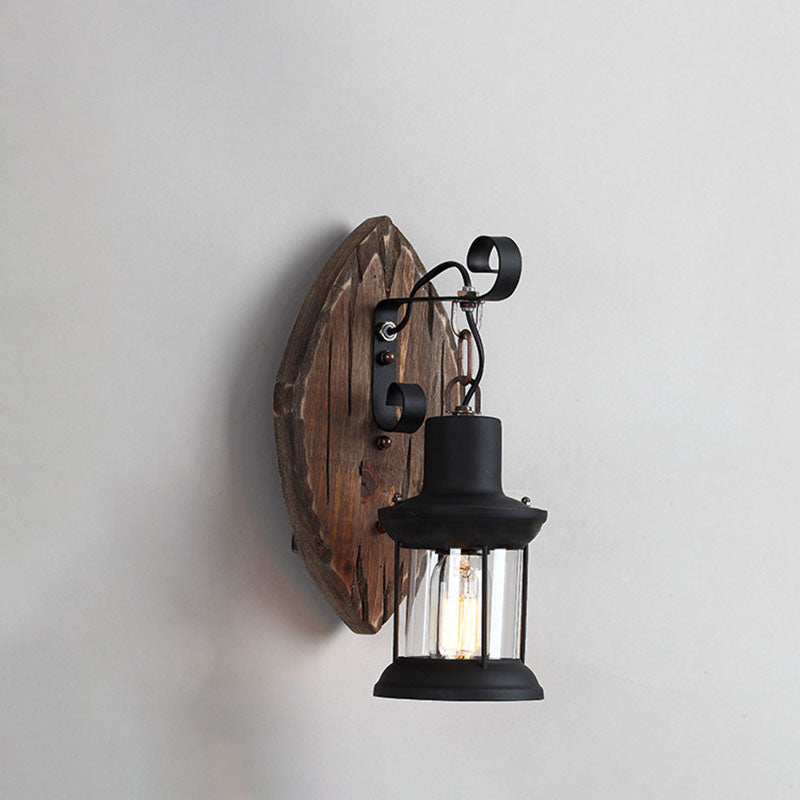Traditional Farmhouse Wood Disc Wall Sconce - 1-Light Iron Shade Lamp for Dining Room