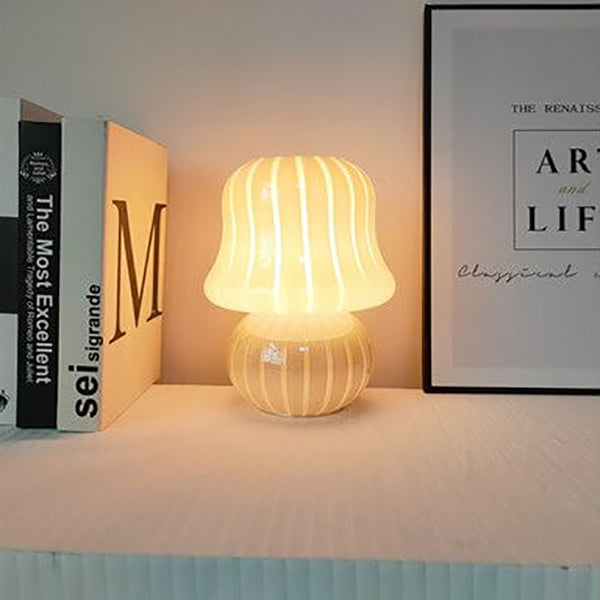 French Cream Handmade Glass Mushroom 1-Light Table Lamp, Unique Artisan Table Lamp, Vintage-Inspired Home Lighting, Decorative Glass Lamp, Soft Glow Interior Illumination, Modern Table Lamp for Living Room and Bedroom, Stylish Mushroom Design Lighting, Ar