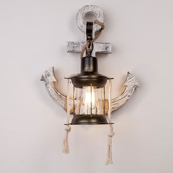 Industrial Vintage Boat Anchor Wooden Wall Sconce Lamp - 1-Light Decor Fixture