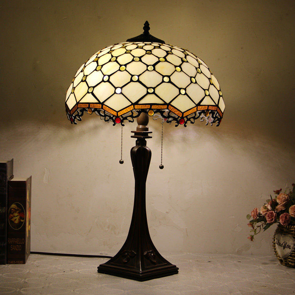 Tiffany Style Stained Glass 2-Light Cone Pull Cord Table Lamp for Bedroom