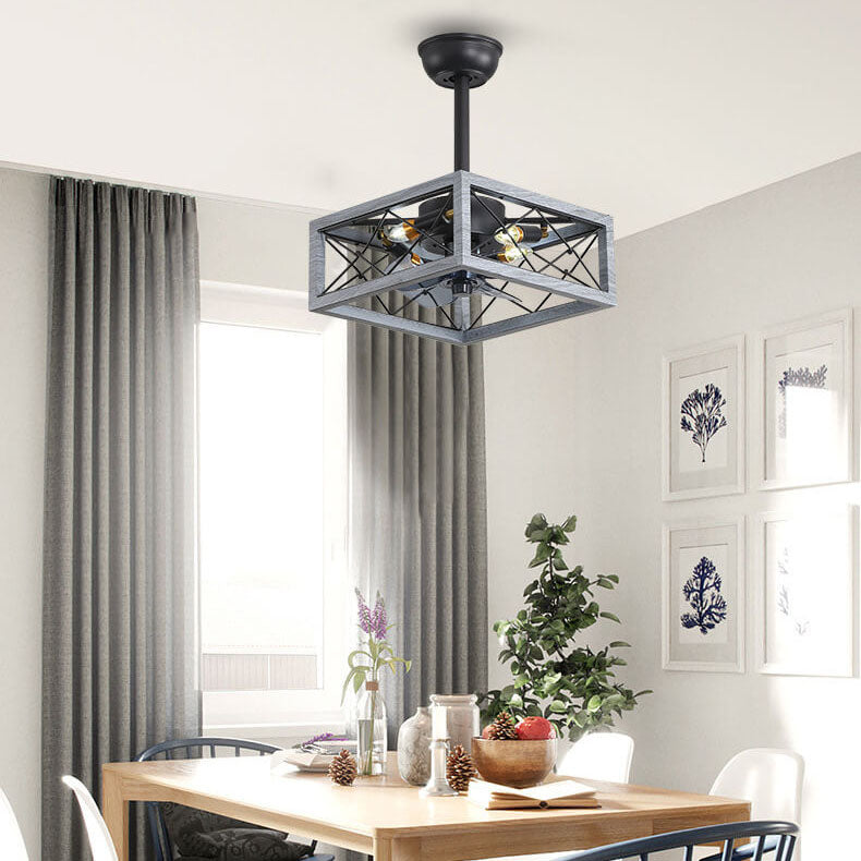 Industrial Minimalist Copper Iron Semi-Flush Mount Ceiling Fan Light - 4-Light Round Square Design