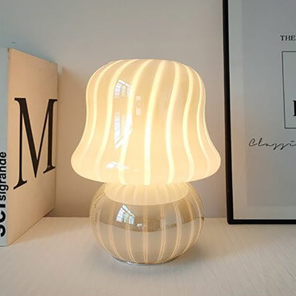 French Cream Handmade Glass Mushroom 1-Light Table Lamp, Unique Artisan Table Lamp, Vintage-Inspired Home Lighting, Decorative Glass Lamp, Soft Glow Interior Illumination, Modern Table Lamp for Living Room and Bedroom, Stylish Mushroom Design Lighting, Ar