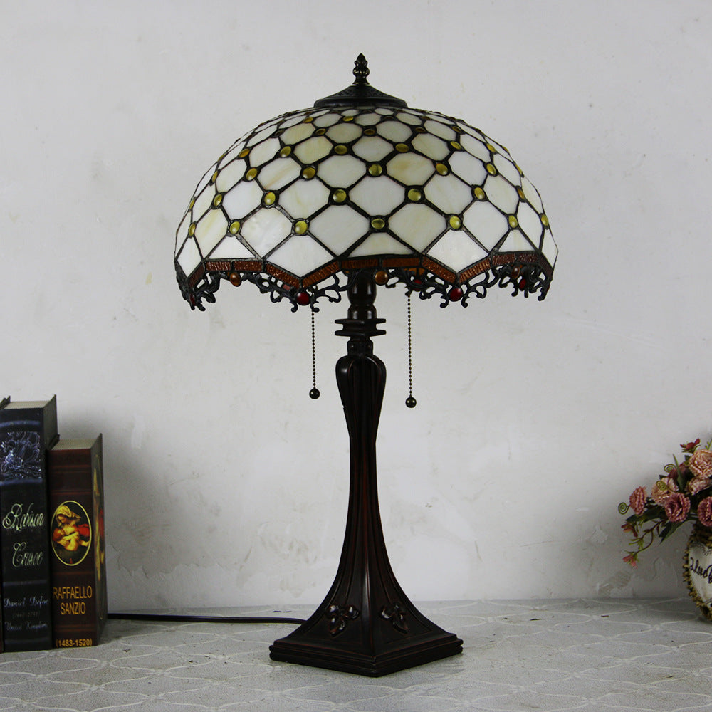 Tiffany Style Stained Glass 2-Light Cone Pull Cord Table Lamp for Bedroom