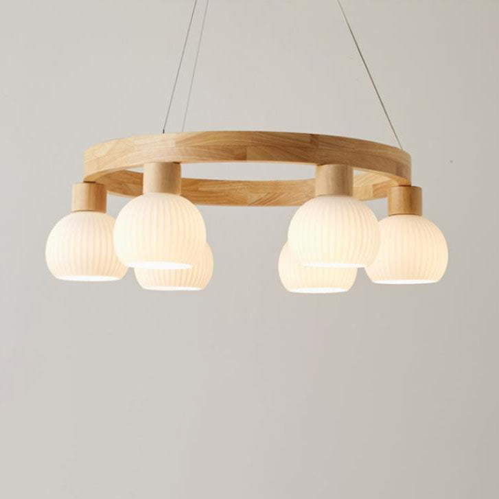 Modern Japanese Log Ring Textured Glass Globe Chandelier - 3/6/9 Light Pendant Fixture for Dining Room, Living Room, and Entryway Lighting