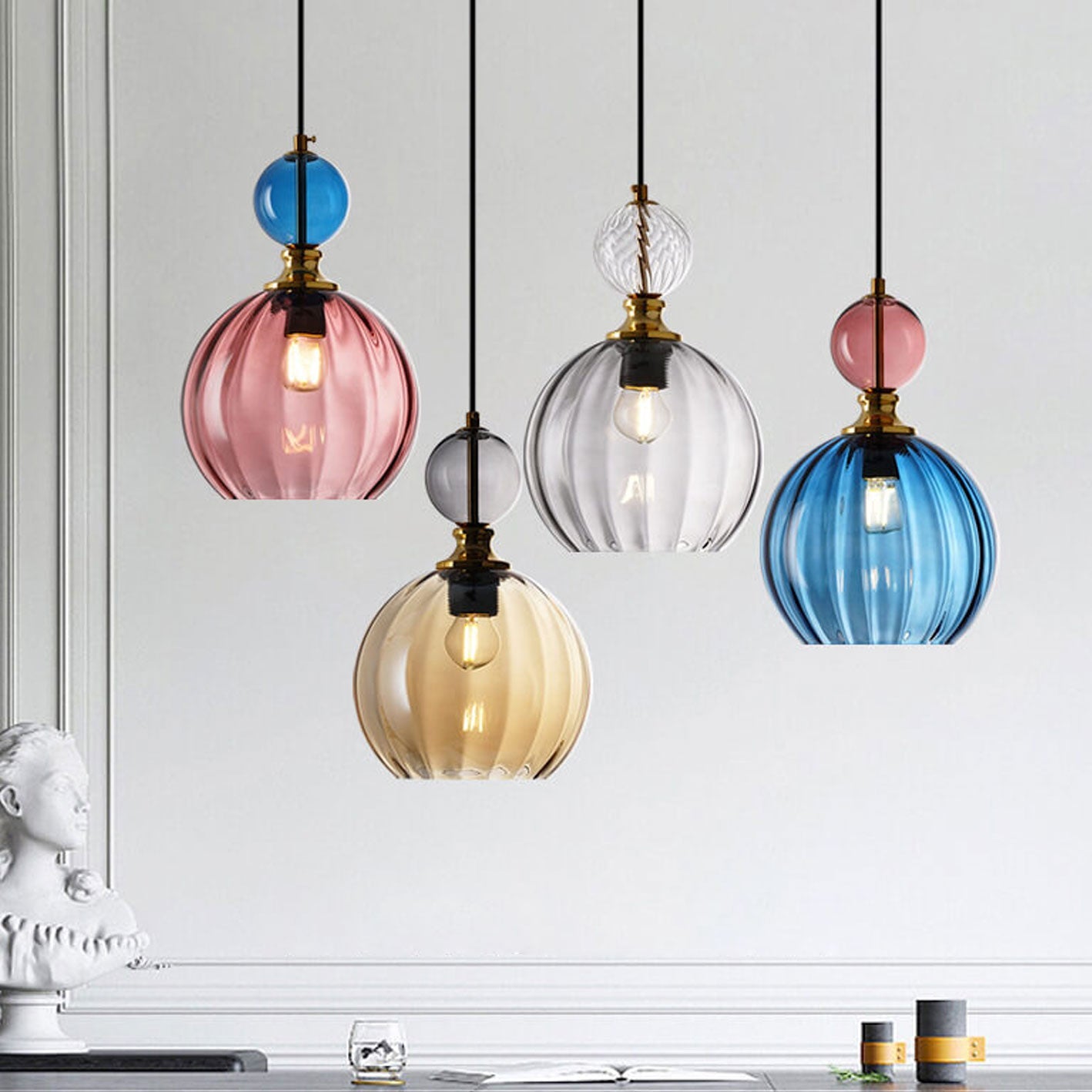 Danish Creative Stripes Round Glass 1/3 Light Chandelier - Modern Lighting Fixture, Unique Design, Home Décor, Elegant Illumination