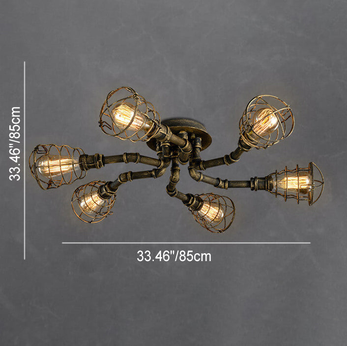 Industrial Vintage Water Pipe Flush Mount Light - 4/6/8 Light Round Iron Ceiling Fixture