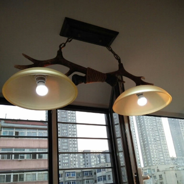 Vintage Resin Antler Chandelier - 2-Light Glass Bowl Shade
