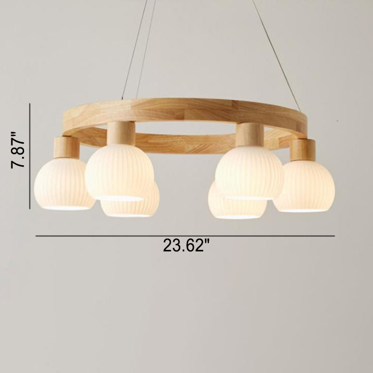 Modern Japanese Log Ring Textured Glass Globe Chandelier - 3/6/9 Light Pendant Fixture for Dining Room, Living Room, and Entryway Lighting