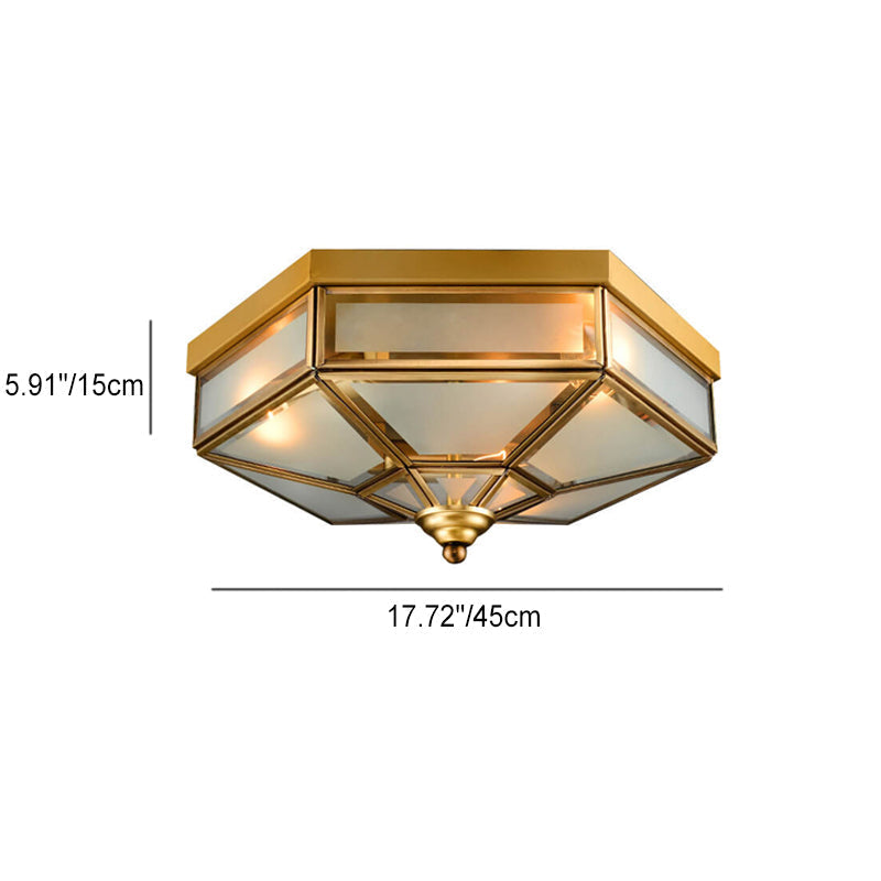 Traditional European Copper Glass Flush Mount Ceiling Light 3/4 Light for Living Room