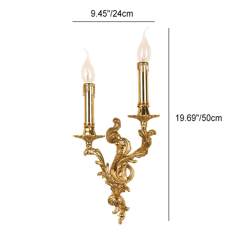 French Vintage Brass Candle Wall Sconce Lamp - 2/3 Light Decorative Fixture