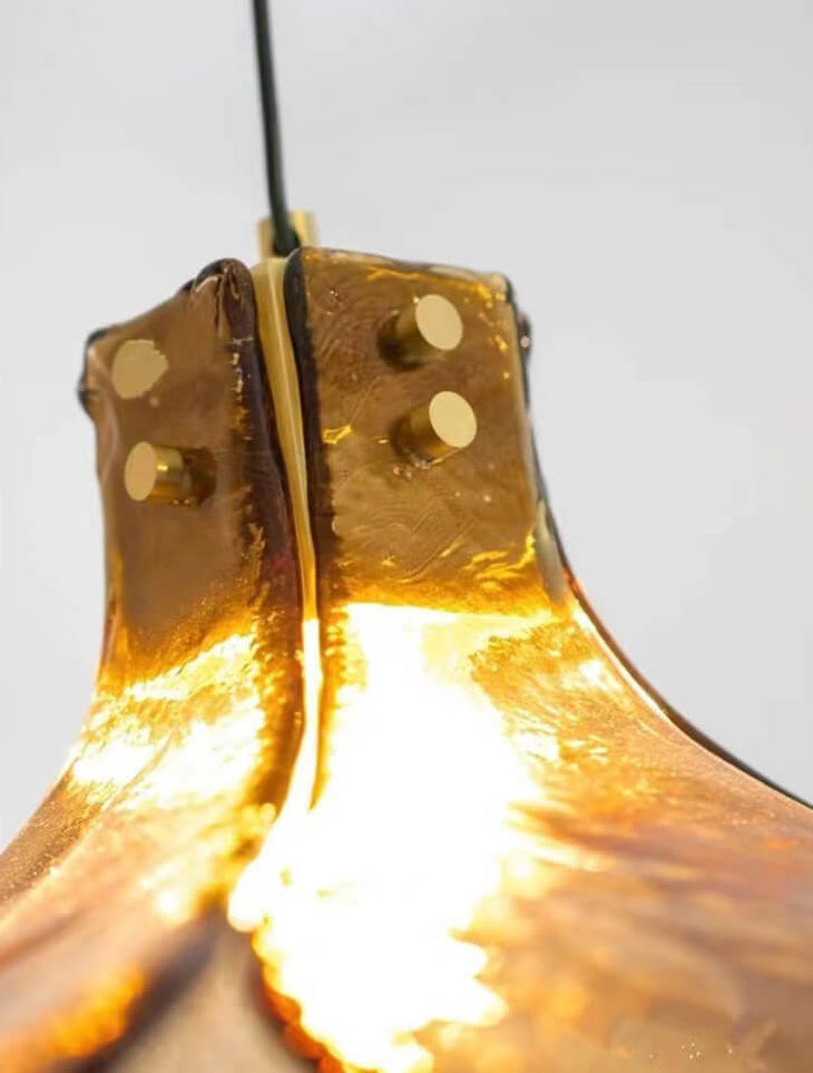 Vintage Amber Glass Floral Brass Pendant Light - 1-Light Fixture