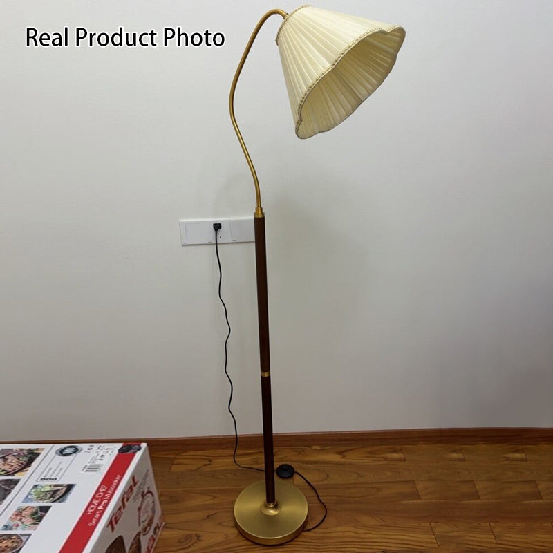 Japanese Vintage Flower Floor Lamp - Solid Wood, Iron, Fabric, 1-Light Design