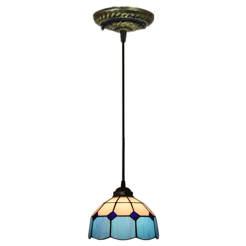 Traditional Tiffany Stained Glass Pendant Light for Living Room, Round 1-Light Iron Dome Shade