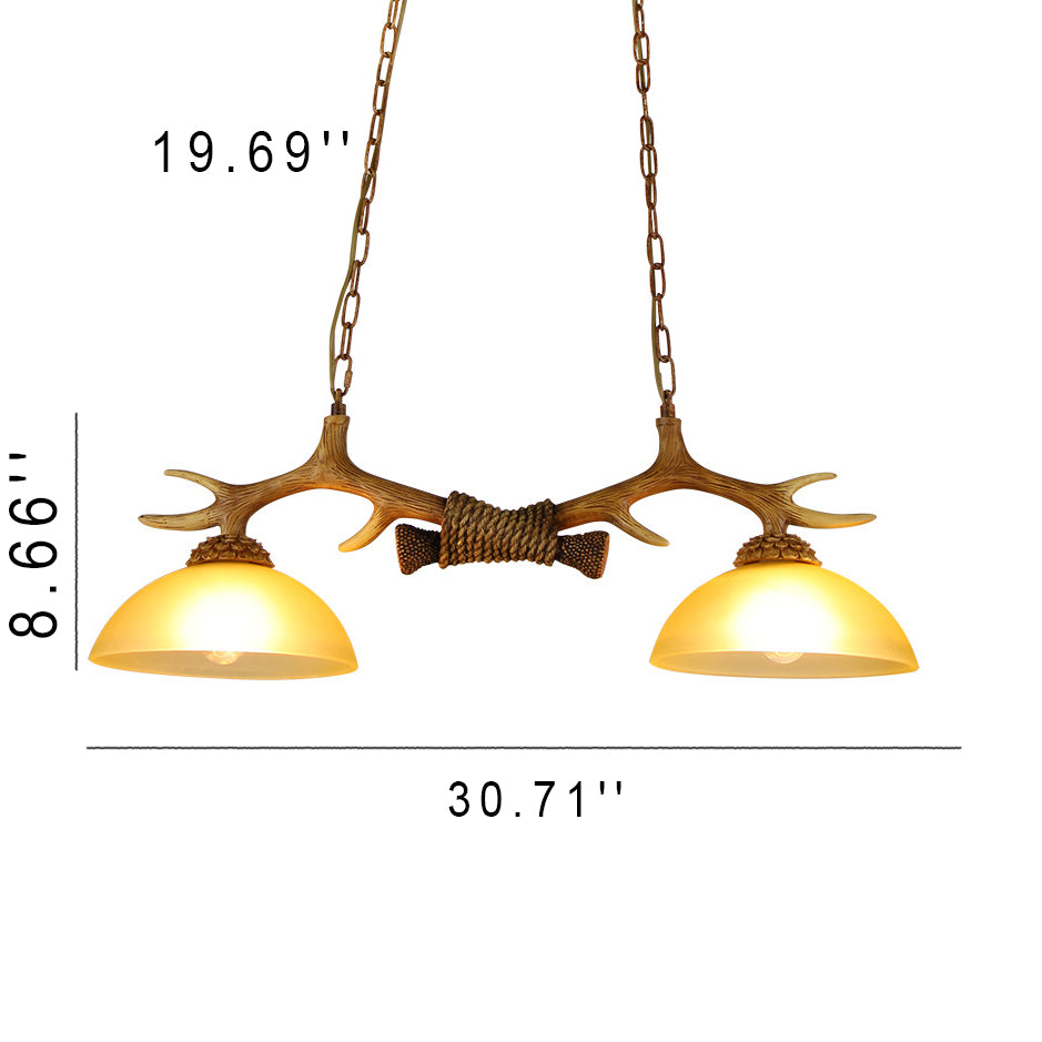 Vintage Resin Antler Chandelier - 2-Light Glass Bowl Shade