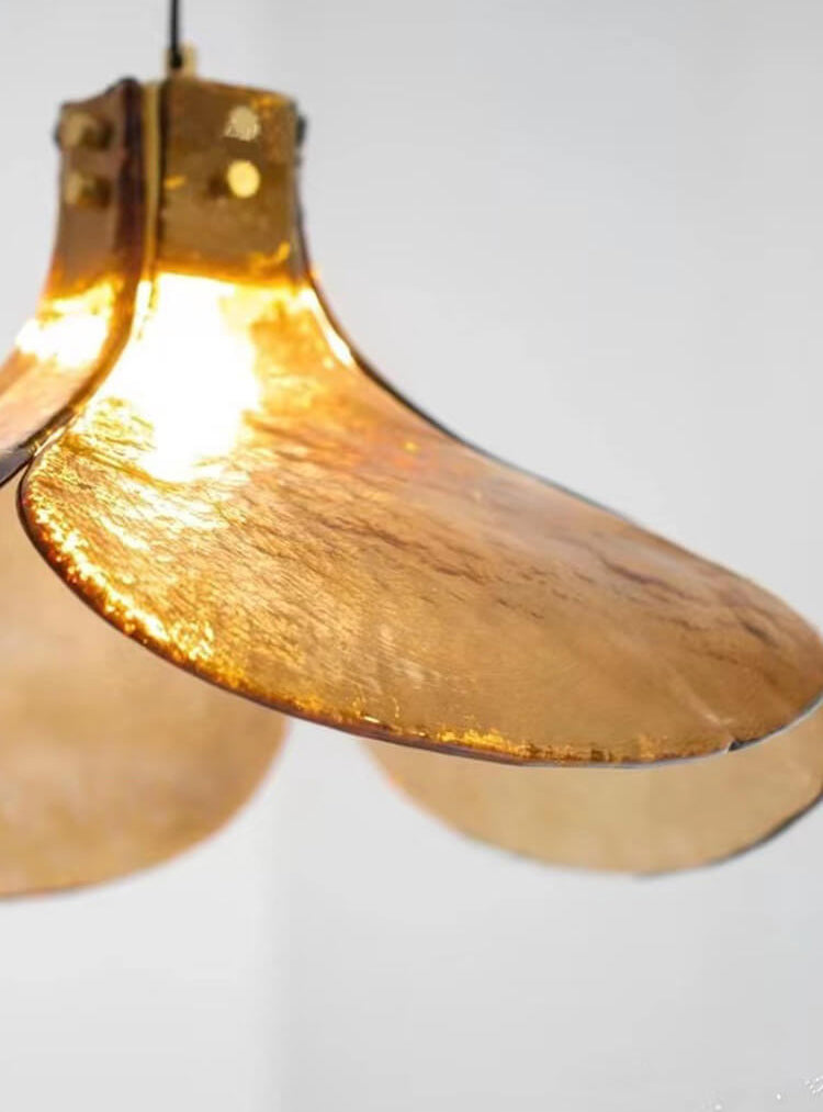 Vintage Amber Glass Floral Brass Pendant Light - 1-Light Fixture