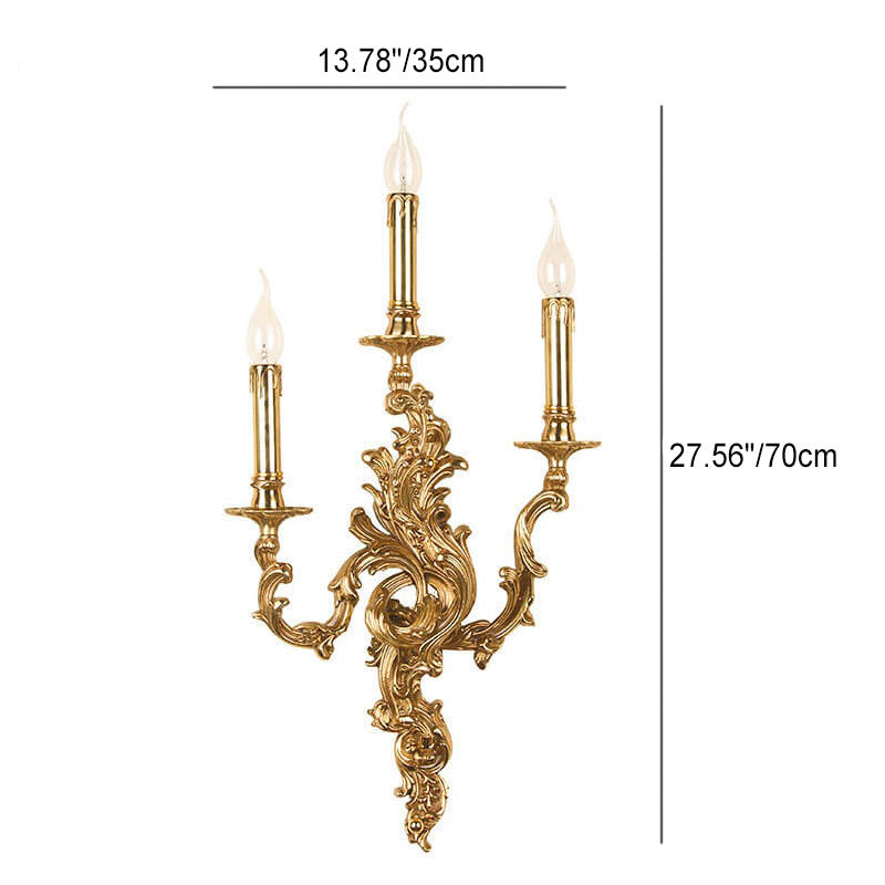 French Vintage Brass Candle Wall Sconce Lamp - 2/3 Light Decorative Fixture