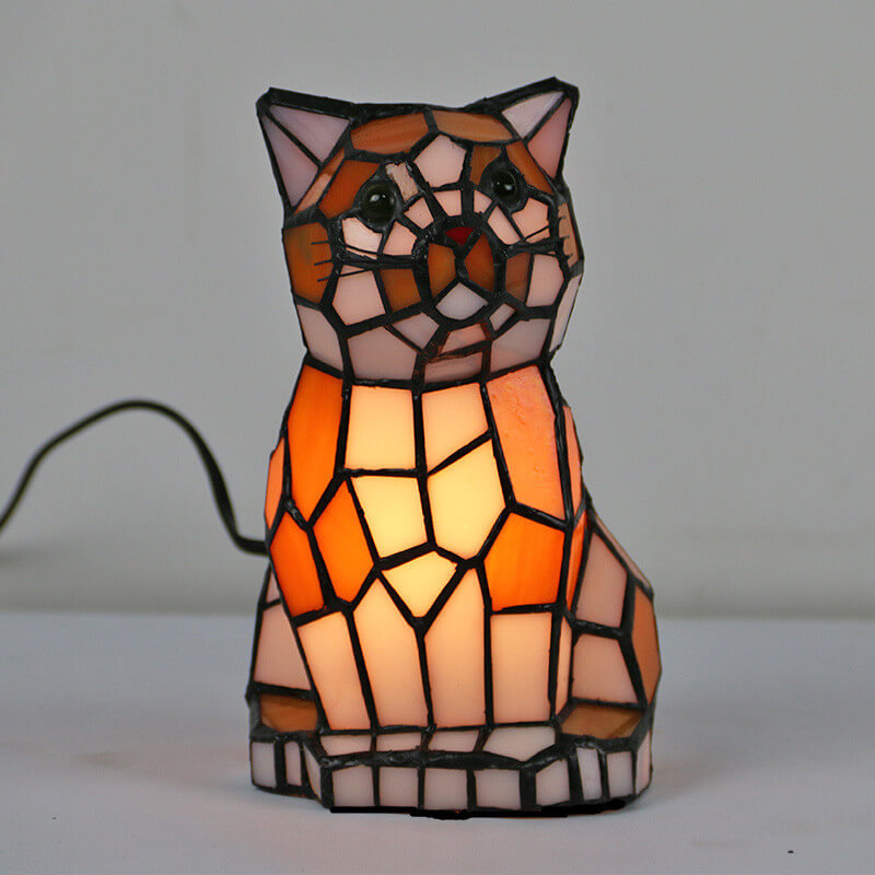 Tiffany Style Creative Cats Dogs Stained Glass Night Light Table Lamp 1-Light Art Deco Pet Decorative Lighting Home Accessories Unique Gifts for Cat Lovers Dog Lovers Bedroom Nightstand Decor