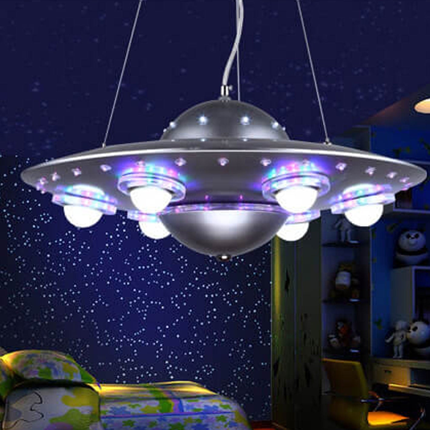 Creative Cartoon UFO Flying Saucer LED Chandelier for Kids Room Lighting